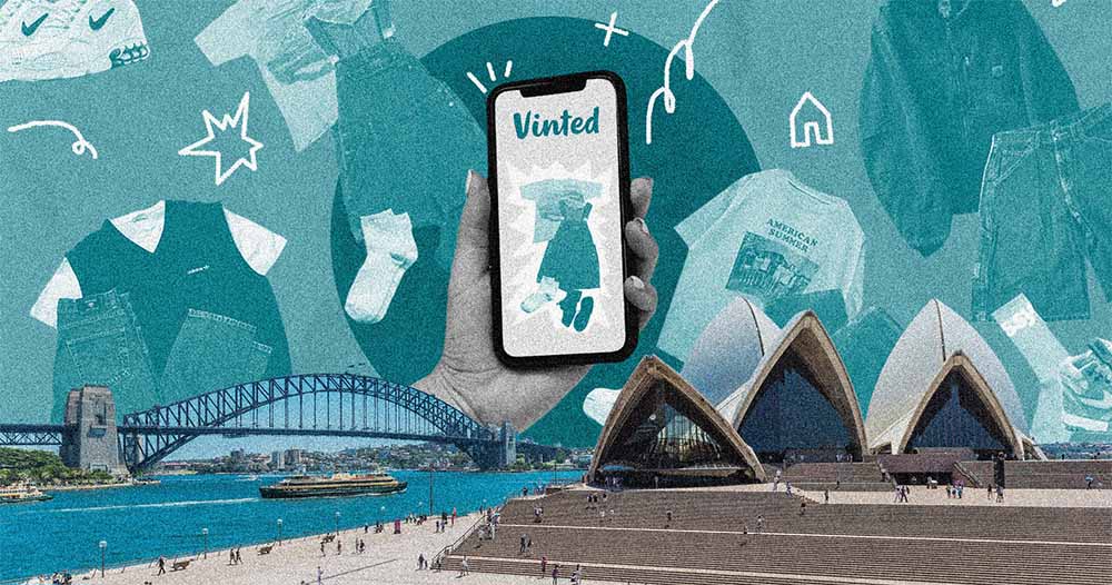 Vinted Australia, the Vinted app shown over Sydney Harbour bridge next to the Sydney opera house.