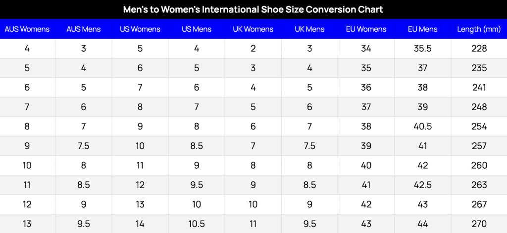 Women's to youth shops shoe size conversion chart