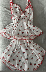 Cherry Print Bow Mesh Pajama Set