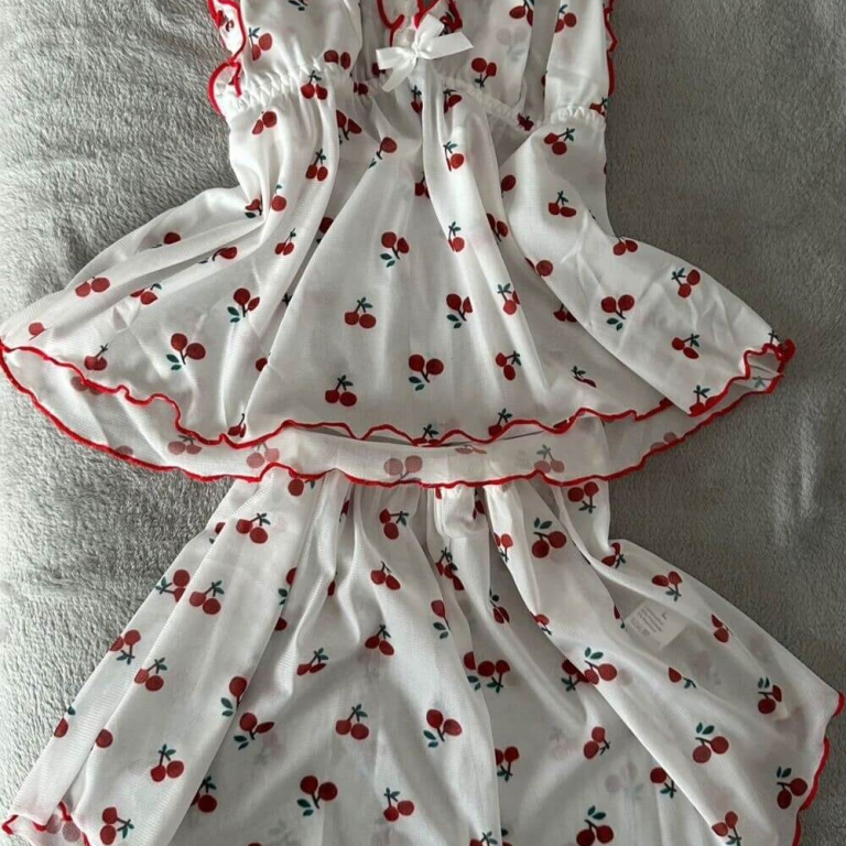 Cherry Print Bow Mesh Pajama Set