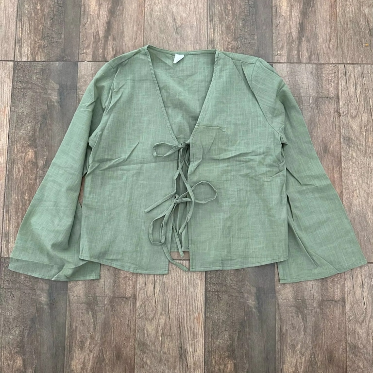 Loose Green Lace-Up Bow Blouse Top