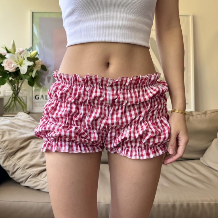 Red And White Checked Ruffle Mini Shorts