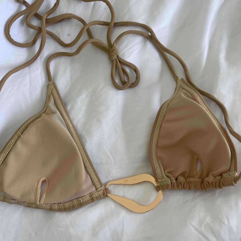 Tan Triangle Bikini Top with Gold Detail