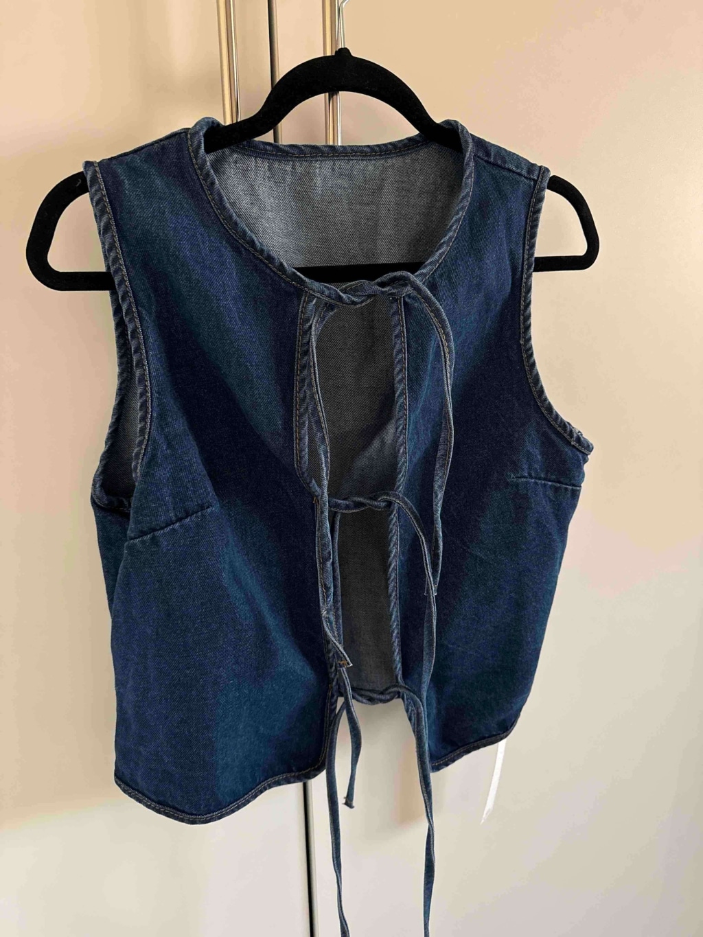 Tie Detail Open Front Sleeveless Denim Top