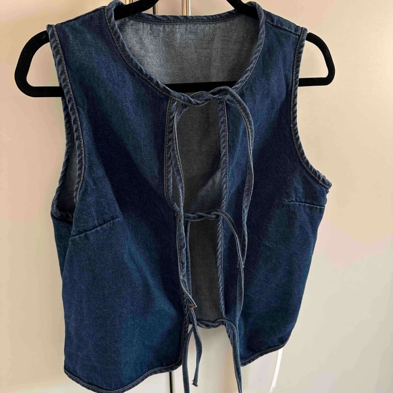 Tie Detail Open Front Sleeveless Denim Top