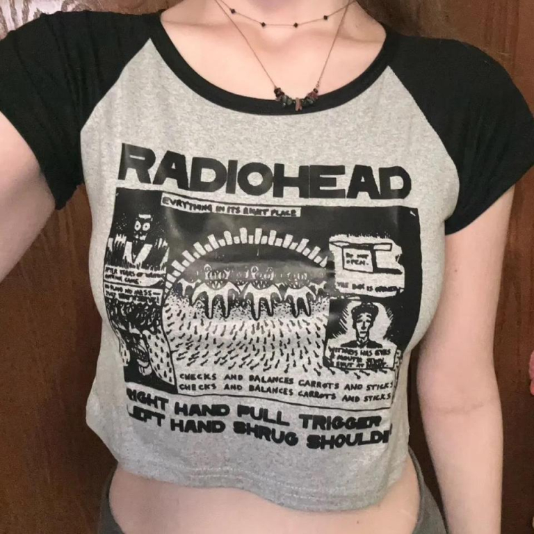 Women's Black and Grey Radiohead Crop Top