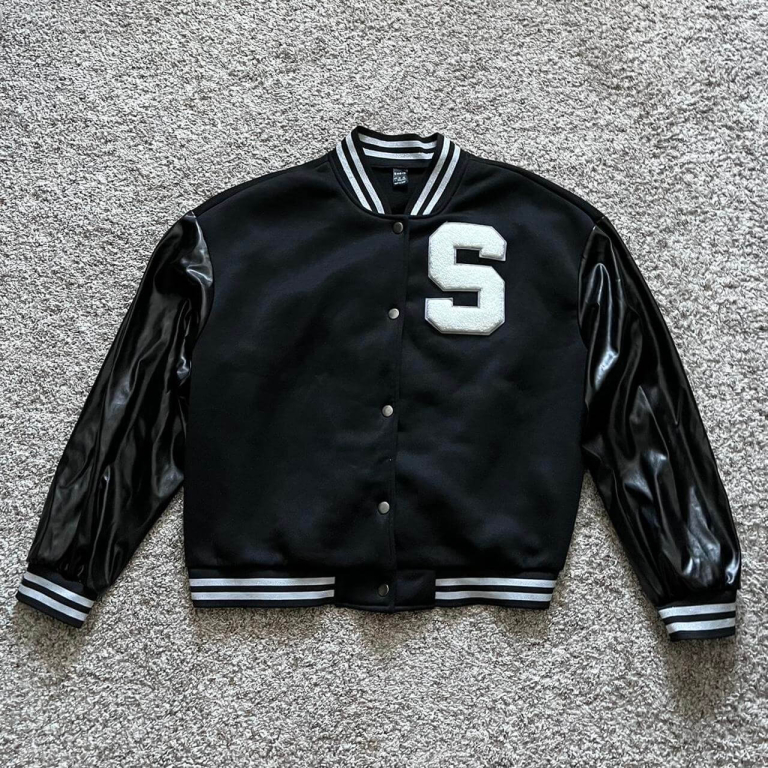 Women's Black and Silver Varsity Jacket