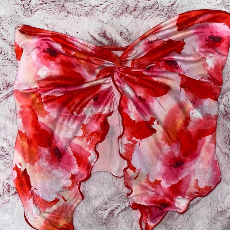 Women's Red Tie Dye Abstract Floral Strapless Top