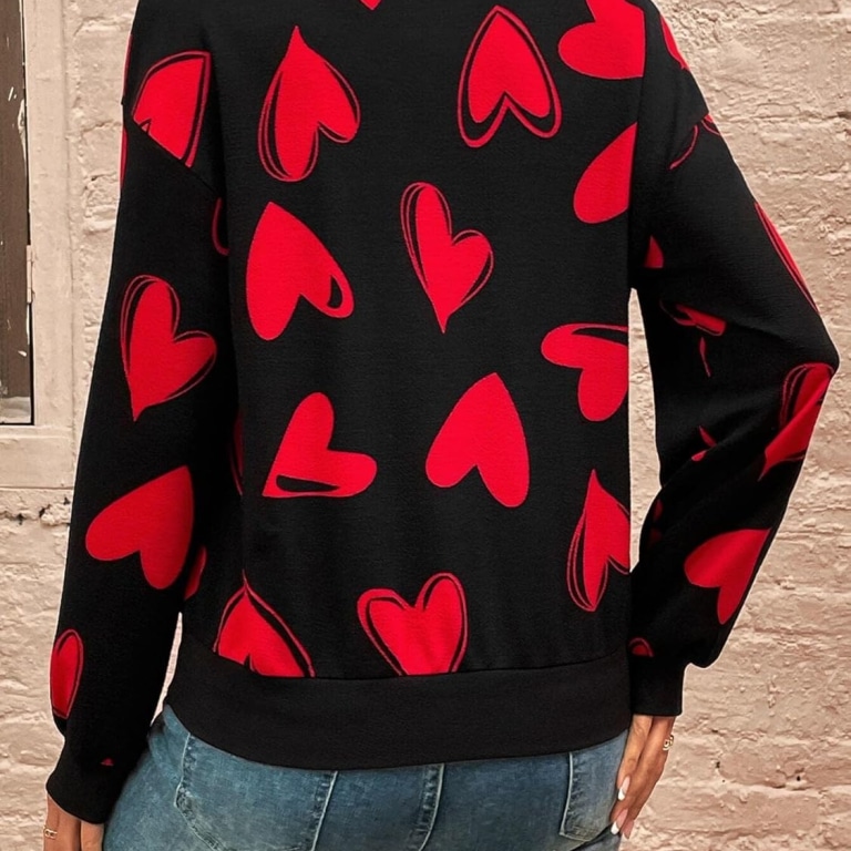 Allover Heart Print Drop Shoulder Sweatshirt