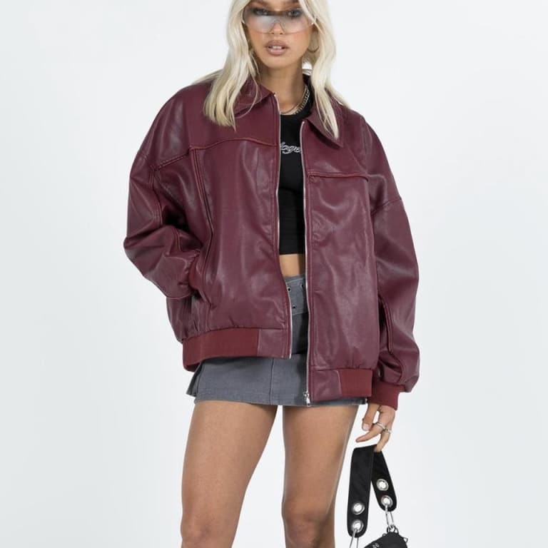 Drop Shoulder Long Sleeve Zip Up Leather Jacket