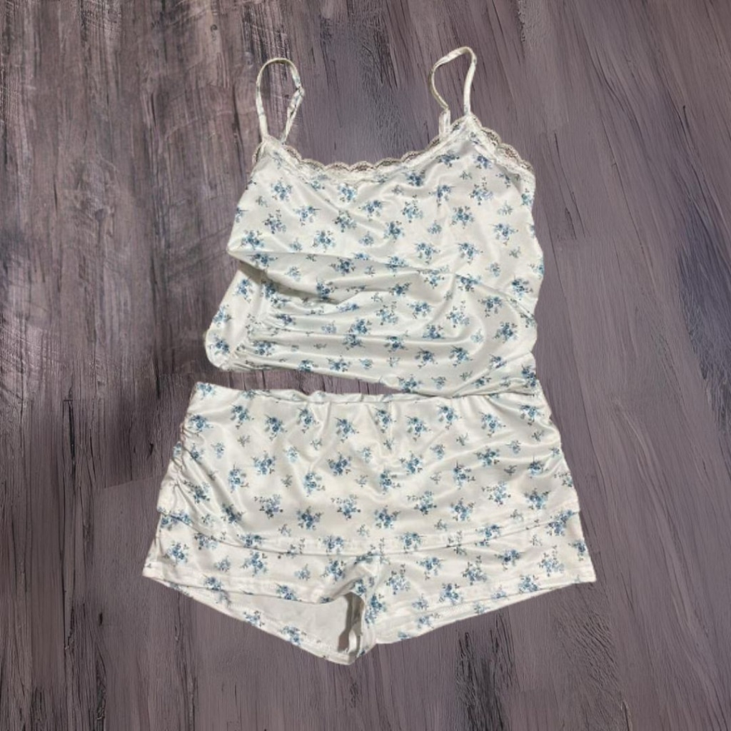 Floral Ruched Slim Fit Spaghetti Strap and Mini Shorts Set