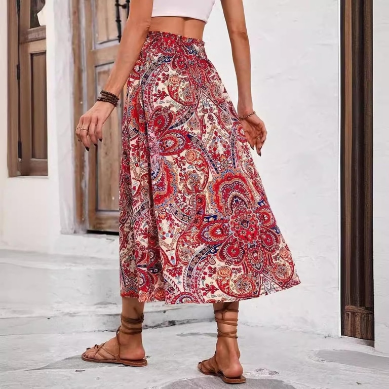 Flower Print Side Split Hem Maxi Skirt