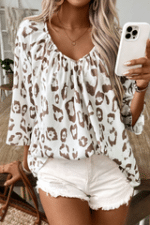 Khaki Leopard-Printed Deep V-Neck Sleeve Shirt