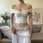 Off-Shoulder Crop Top with Sweetheart Neckline and Twist-Ruched Front