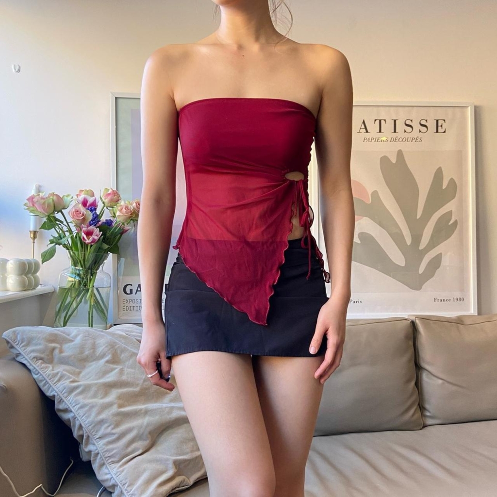 Burgundy Strapless Bandeau Mesh Top