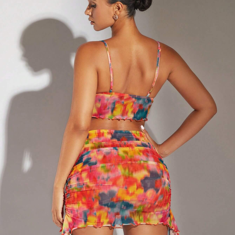 Tie-Dye Knot Front Cami Top & Draped Side Bodycon Skirt