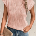 Women's Pink Wavy Texture Cap Sleeve Blouse