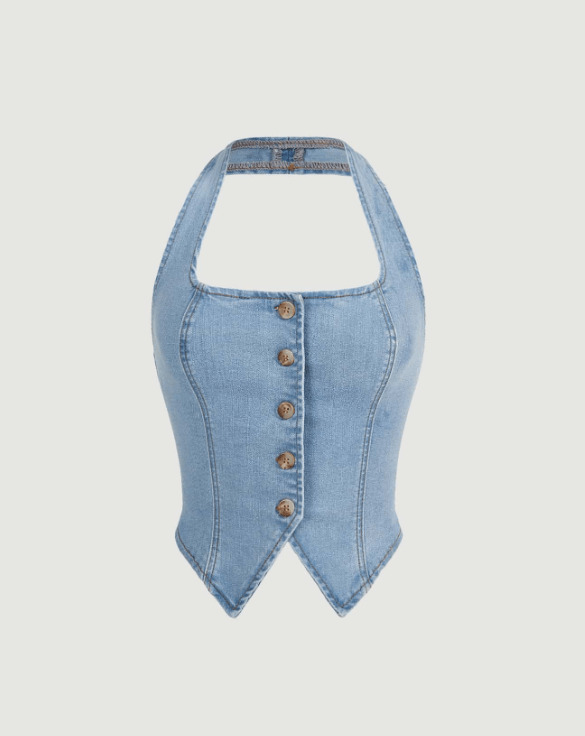 Button Front Denim Halter Top