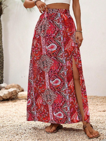 Flower Print Side Split Hem Maxi Skirt