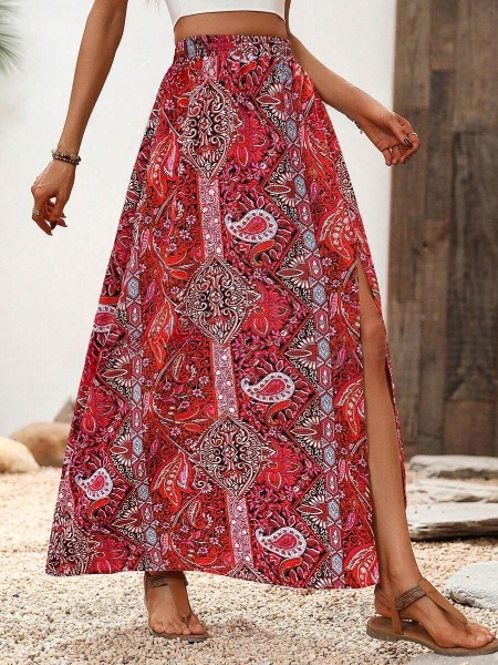 Flower Print Side Split Hem Maxi Skirt