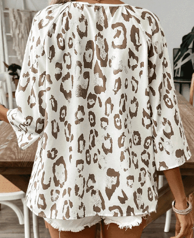 Khaki Leopard-Printed Deep V-Neck Sleeve Shirt