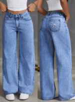 Straight-Legged Denim Pants with Bowknot Embroidery