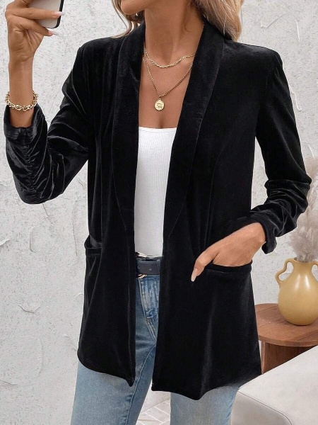 Velvet Cuffed Ruched Black Blazer