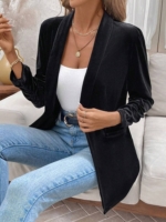 Velvet Cuffed Ruched Black Blazer