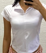 White Quarter-Zip Ripped Cropped Shirt