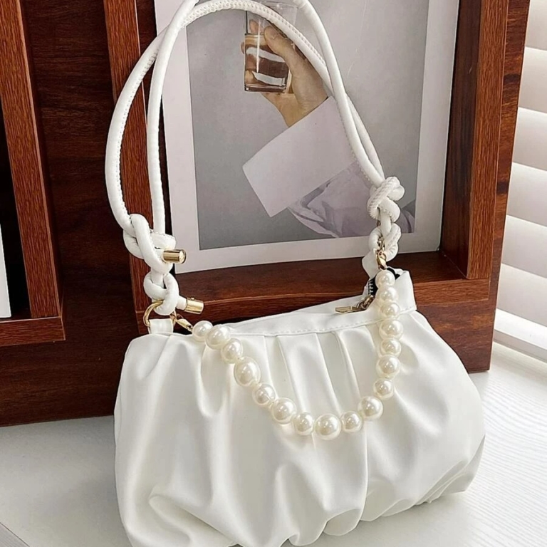 Faux Pearl & Rhinestone Ruched Bag