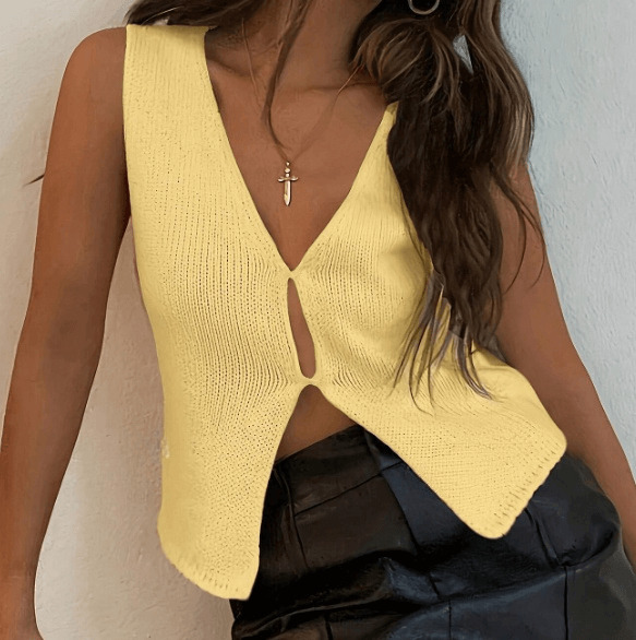 Yellow V-Neck Knitted Top